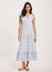 Blue Striped Cotton Broderie Midi Dress