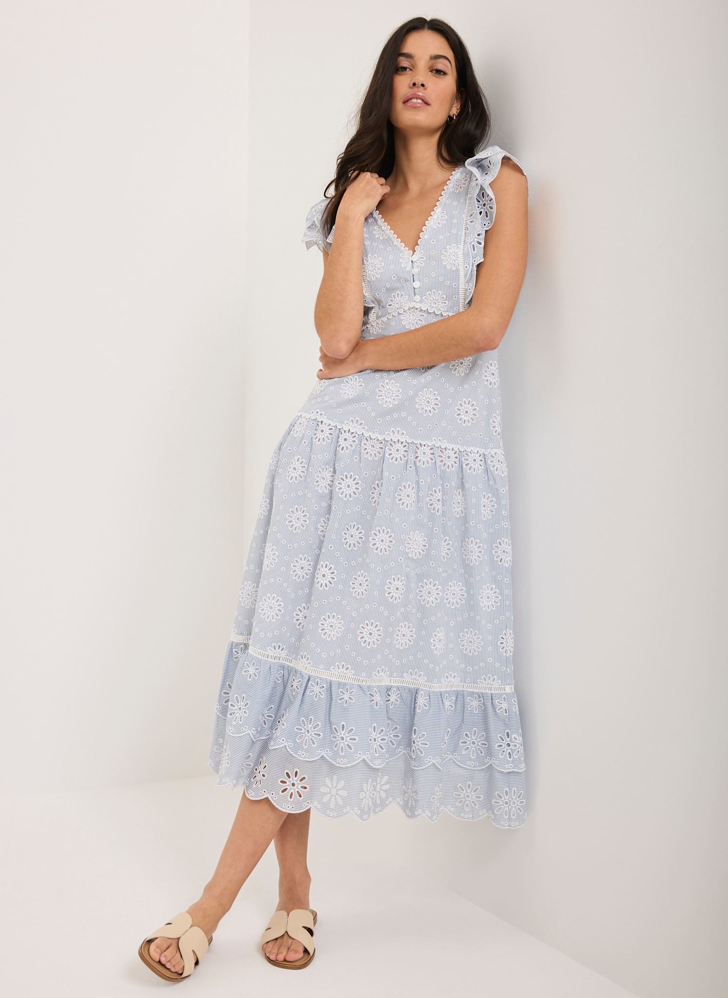 Blue Striped Cotton Broderie Midi Dress