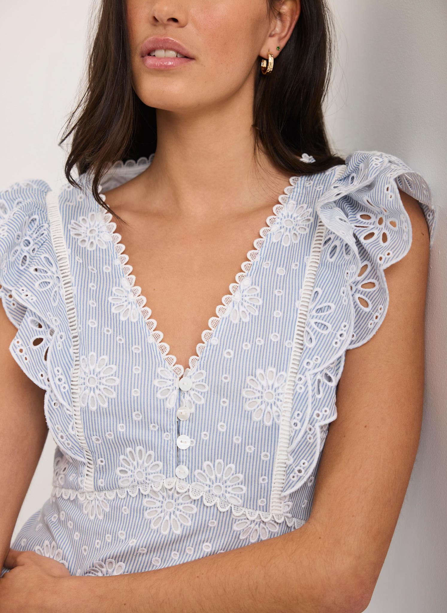 Blue Striped Cotton Broderie Midi Dress