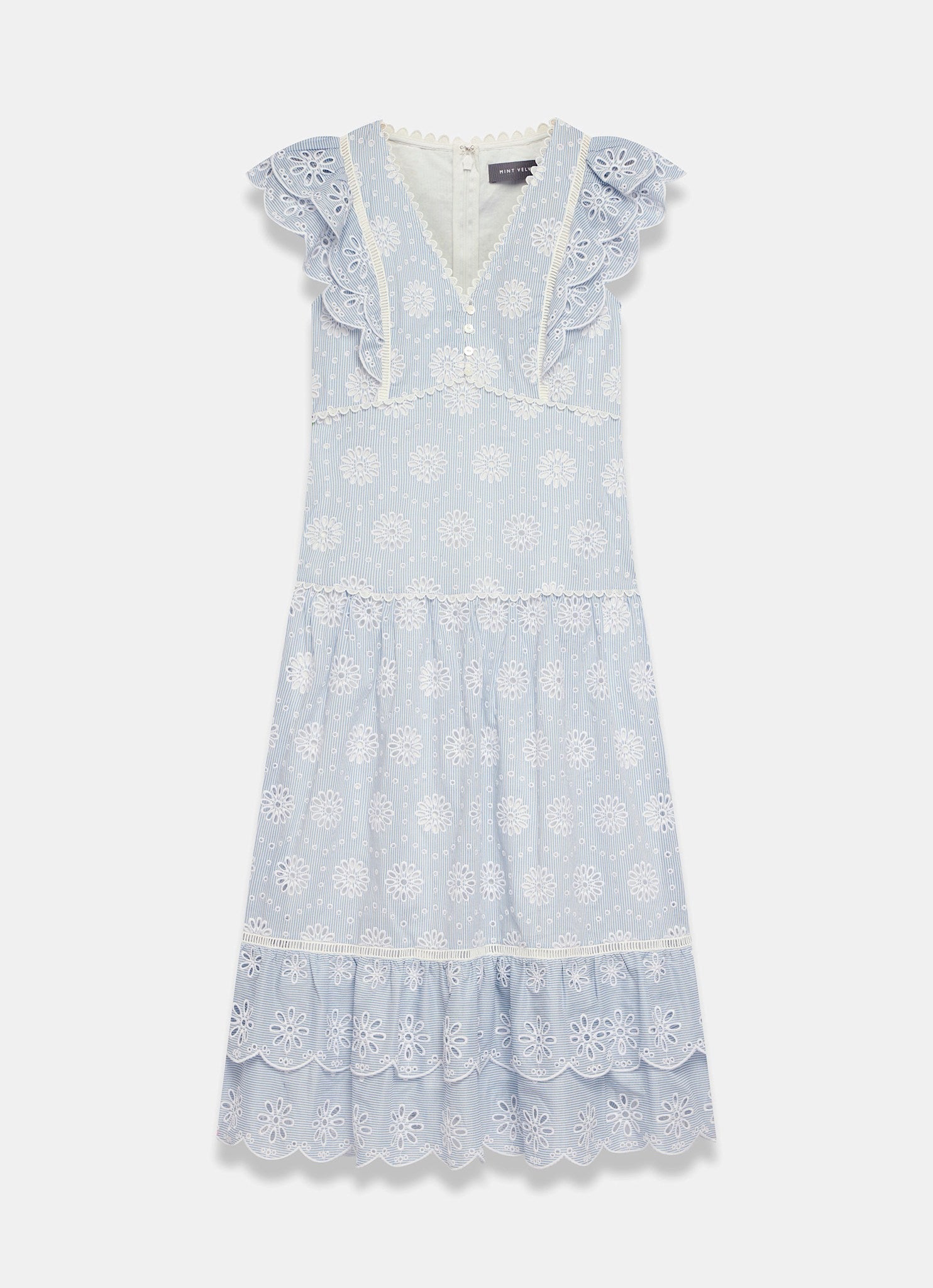 Blue Striped Cotton Broderie Midi Dress