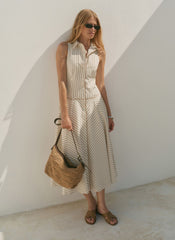 Neutral Cotton Blend Striped Midi Dress