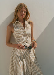 Neutral Cotton Blend Striped Midi Dress