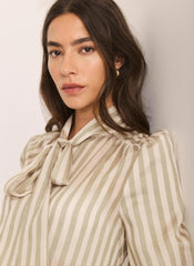 Green Striped Puff Sleeve Blouse