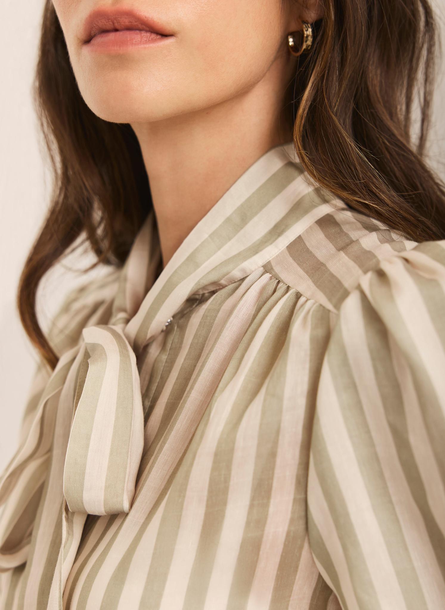 Green Striped Puff Sleeve Blouse