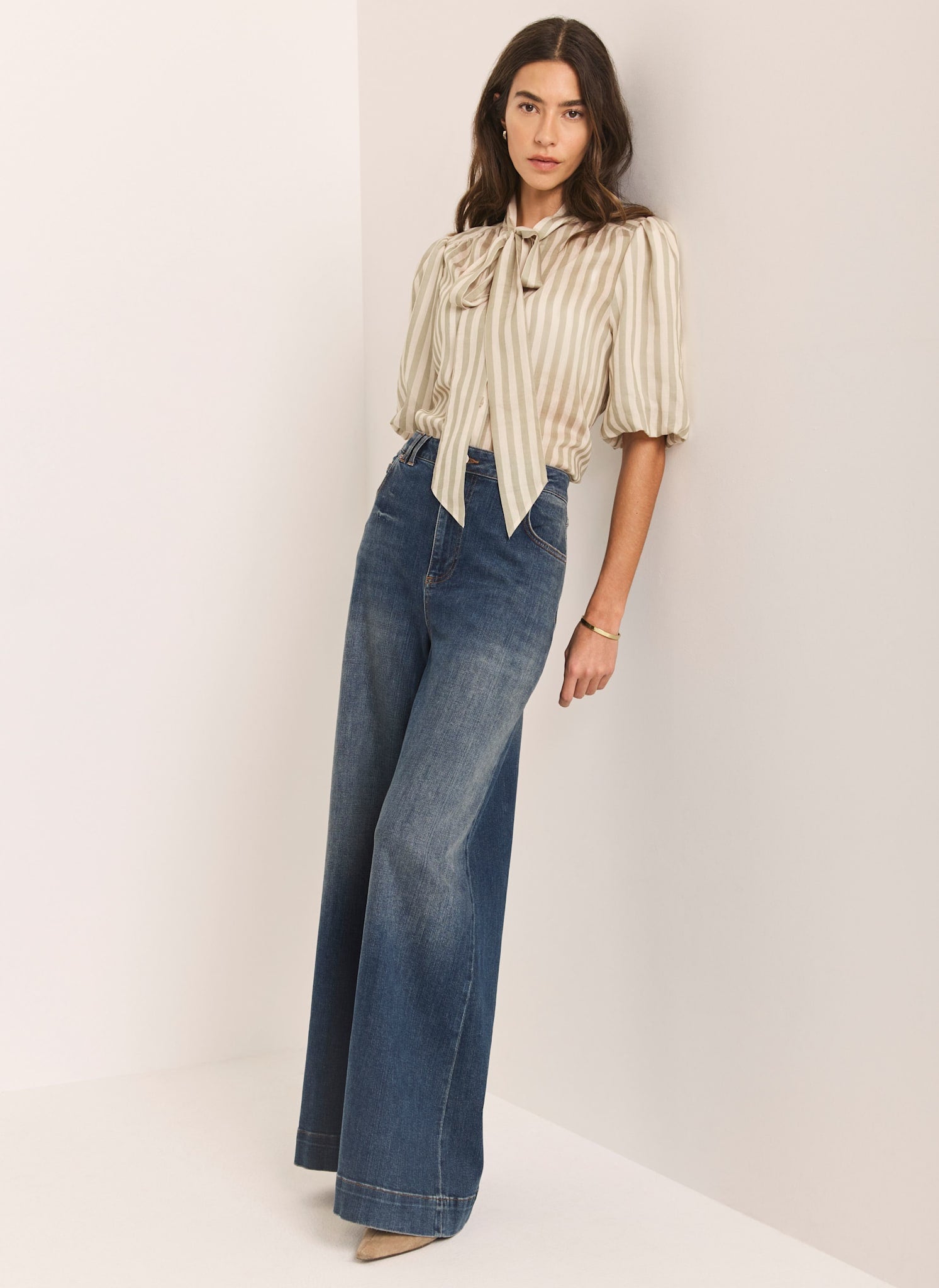 Green Striped Puff Sleeve Blouse