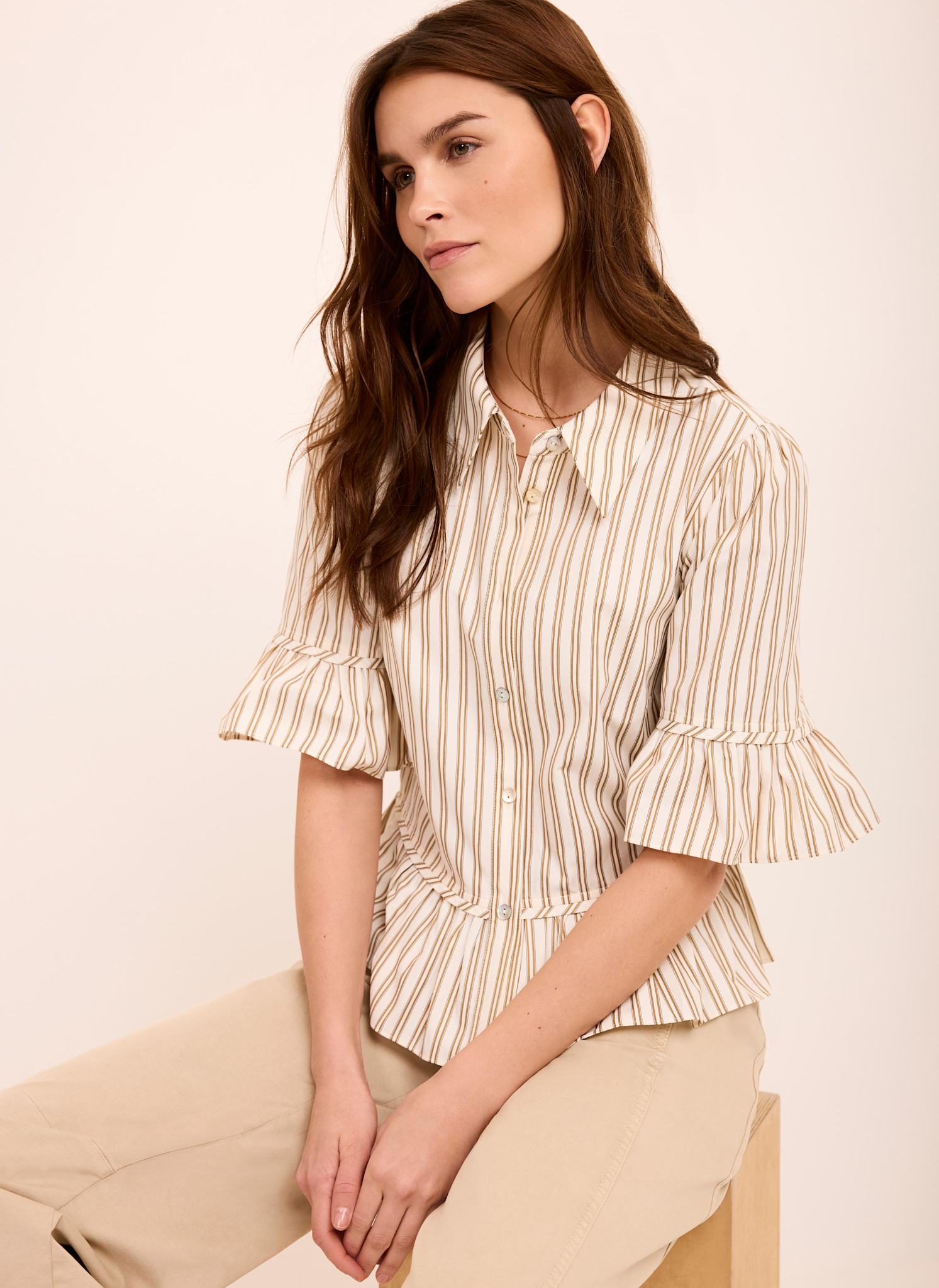 Neutral Striped Ruffle Trim Shirt