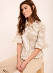 Neutral Striped Ruffle Trim Shirt