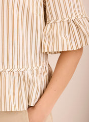 Neutral Striped Ruffle Trim Shirt