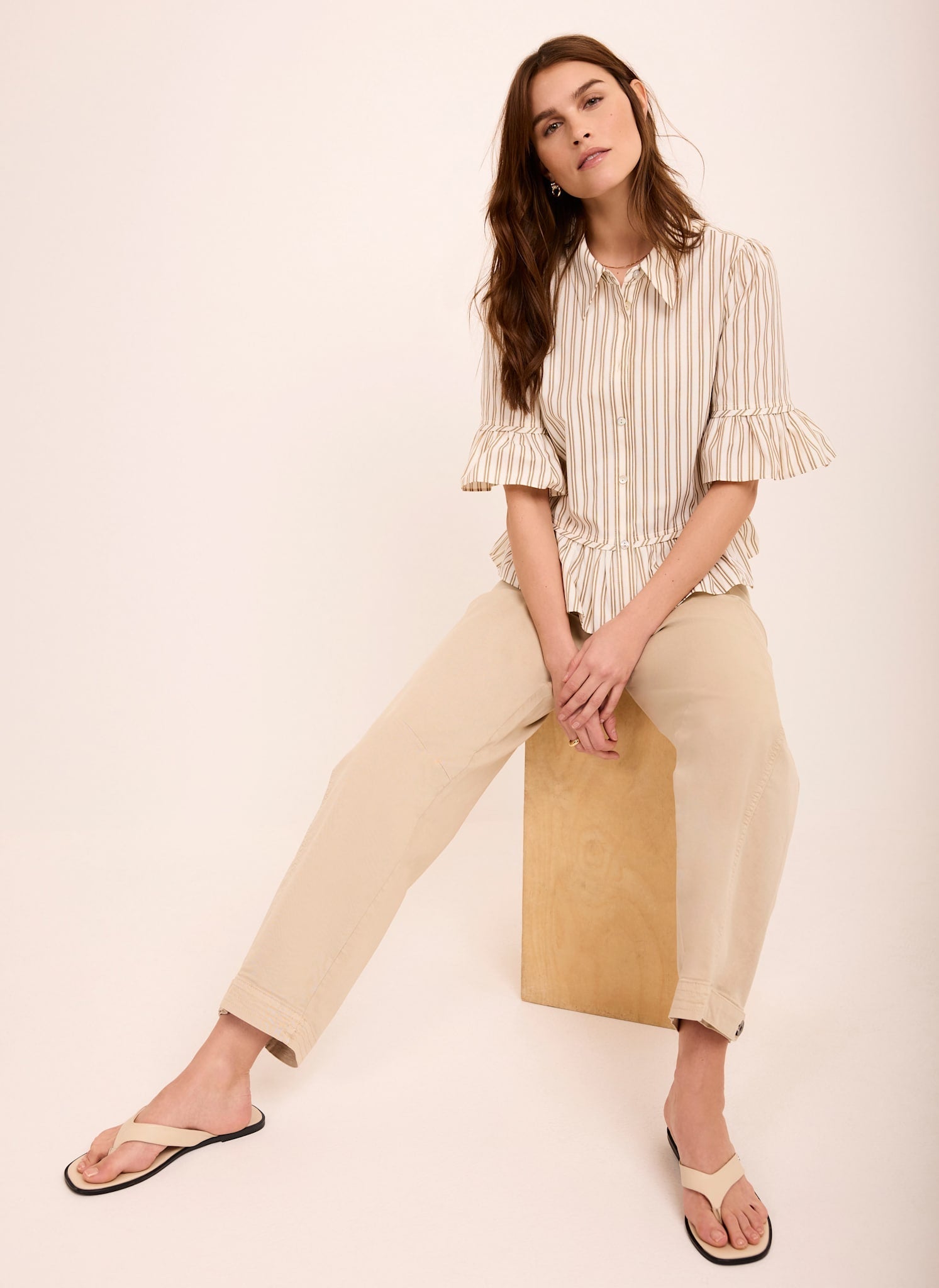 Neutral Striped Ruffle Trim Shirt
