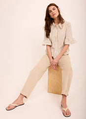 Neutral Striped Ruffle Trim Shirt