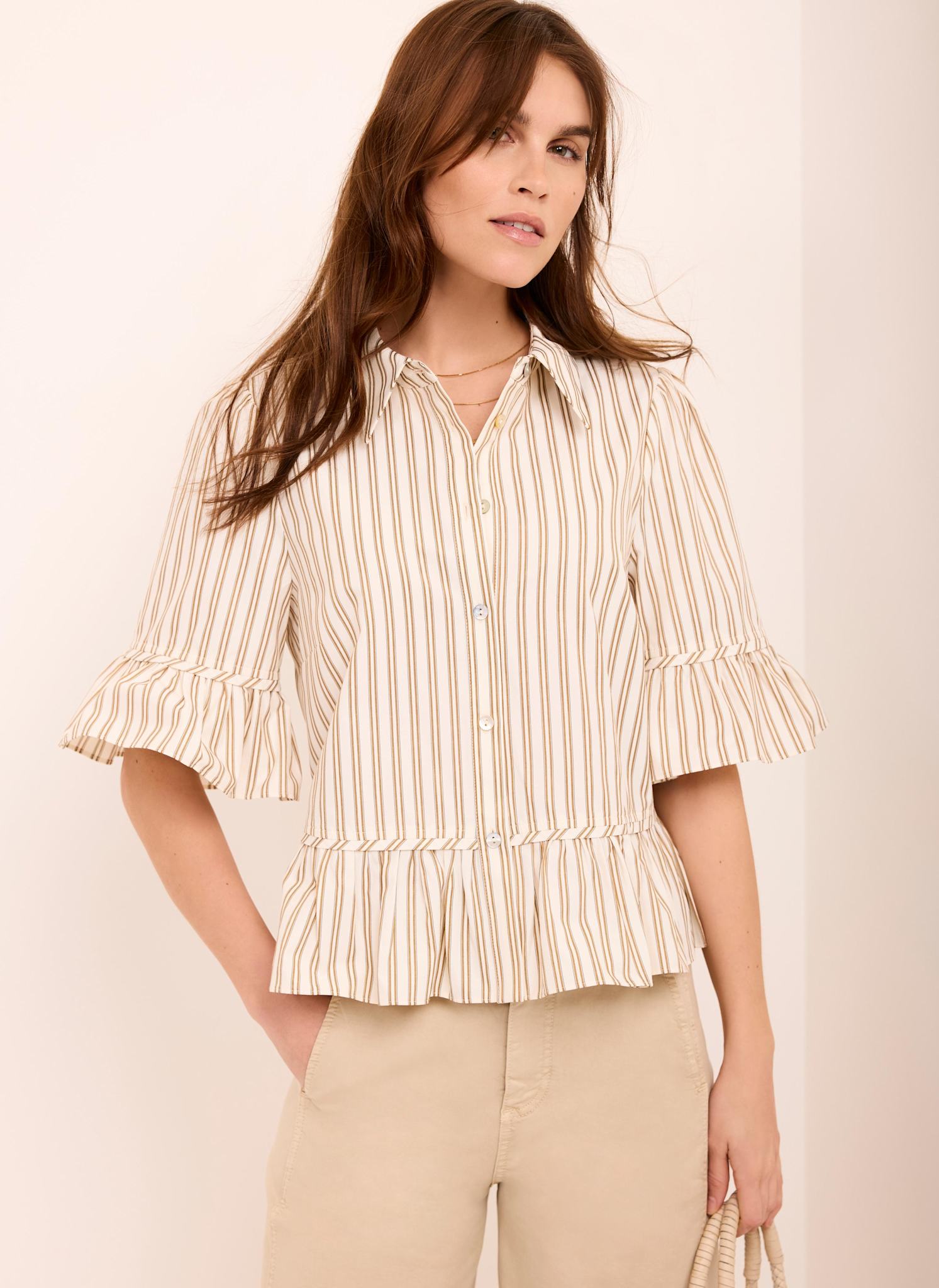 Neutral Striped Ruffle Trim Shirt