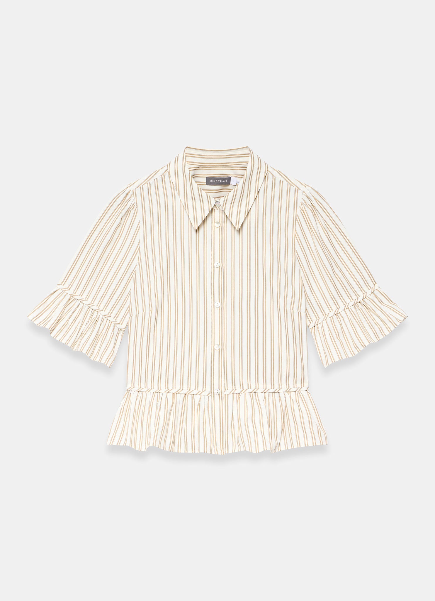 Neutral Striped Ruffle Trim Shirt
