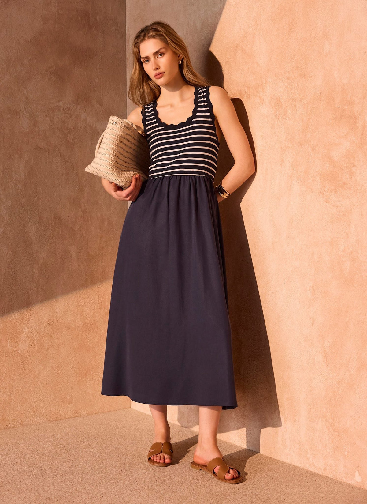 Navy Striped Scallop Trim Midi Dress