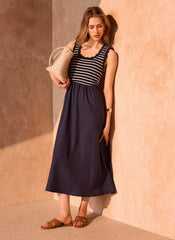 Navy Striped Scallop Trim Midi Dress