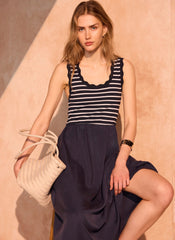 Navy Striped Scallop Trim Midi Dress