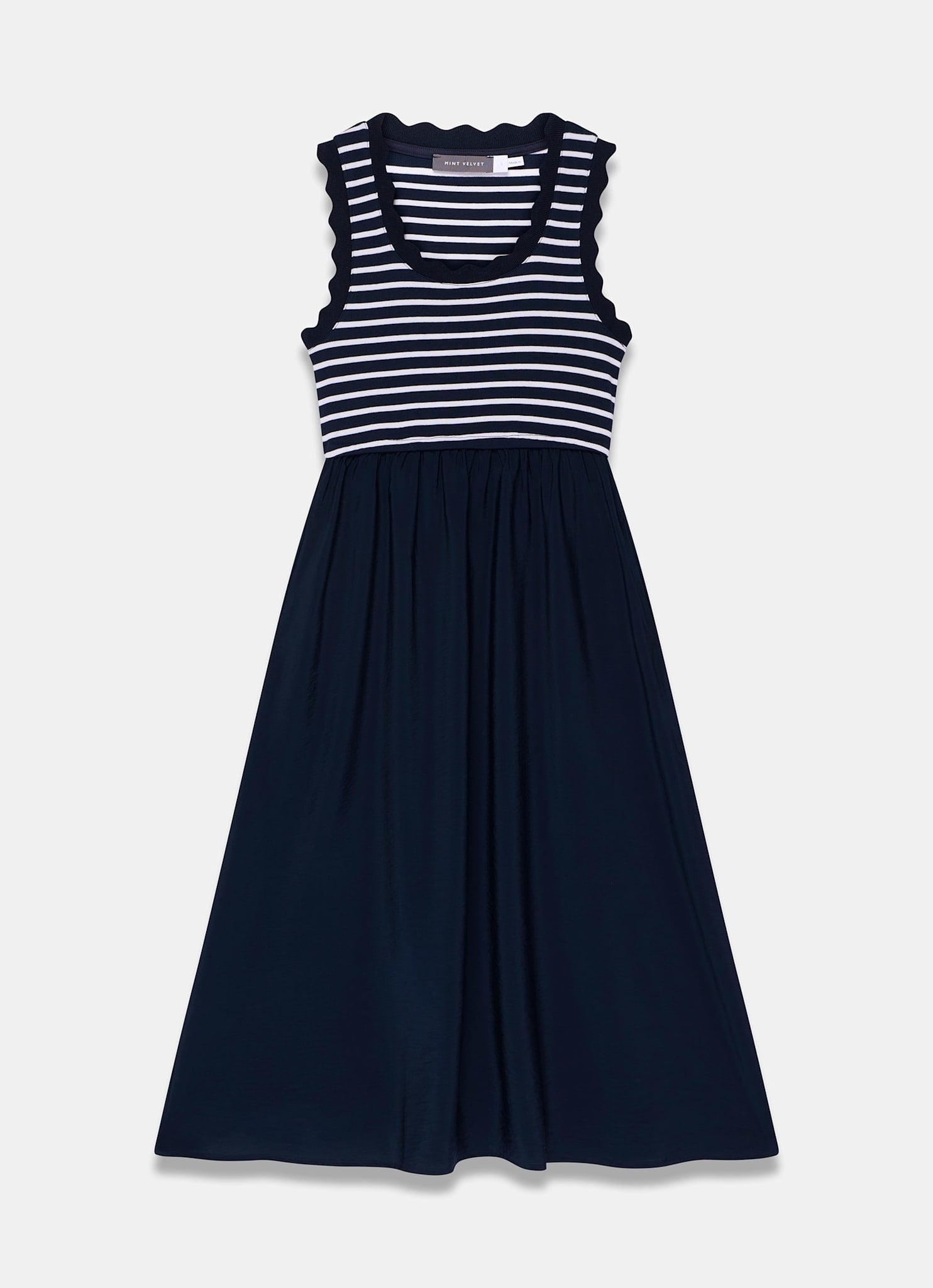 Navy Striped Scallop Trim Midi Dress