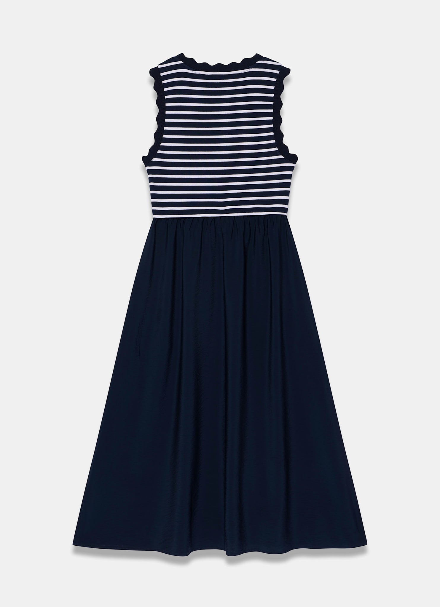 Navy Striped Scallop Trim Midi Dress