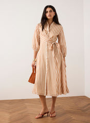 Orange Stripe Wrap Midi Shirt Dress