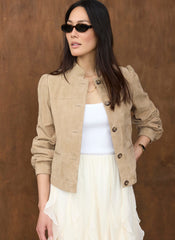 Neutral Suede Puff Sleeve Jacket