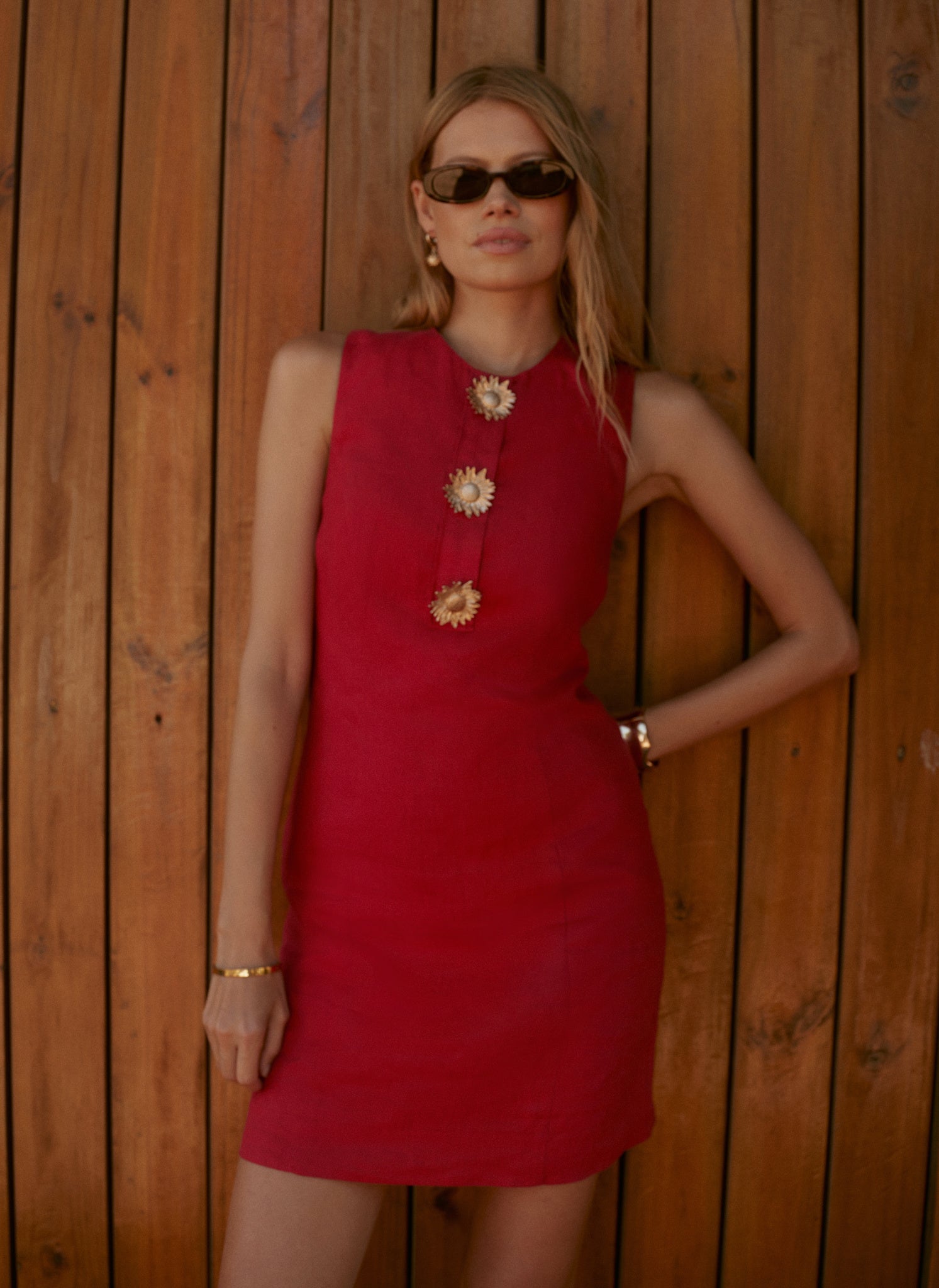 Red Linen Sunray Button Mini Dress