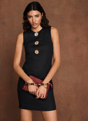Black Linen Sunray  Button Mini Dress