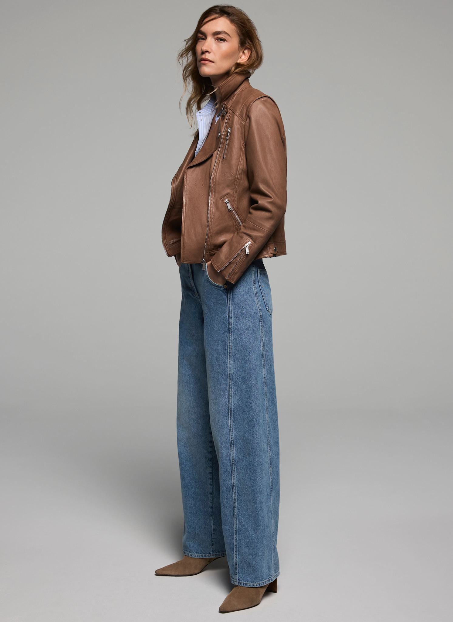 Tan Leather Longline Biker Jacket