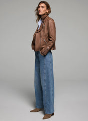 Tan Leather Longline Biker Jacket