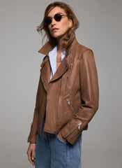 Tan Leather Longline Biker Jacket
