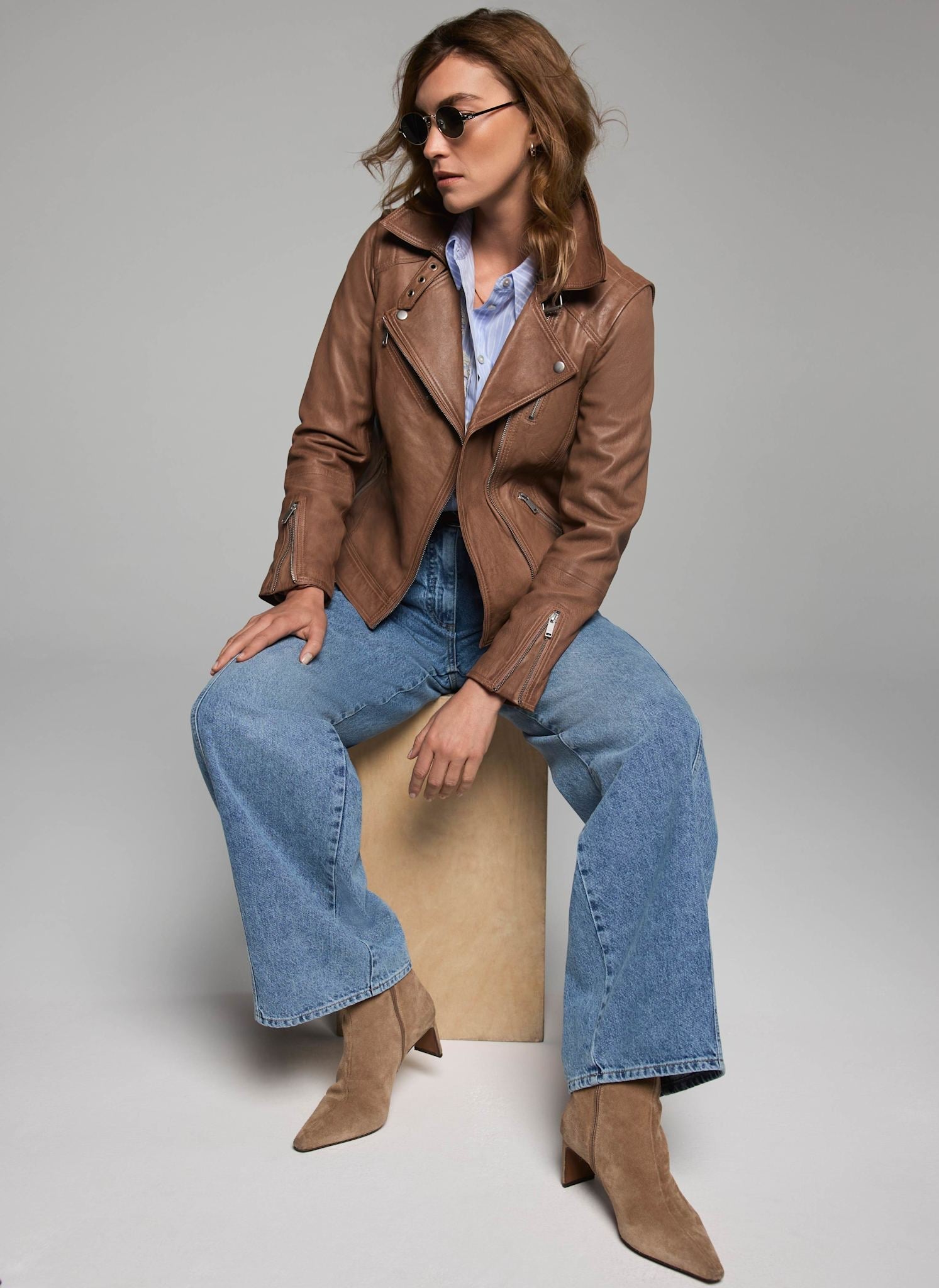 Tan Leather Longline Biker Jacket