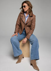 Tan Leather Longline Biker Jacket