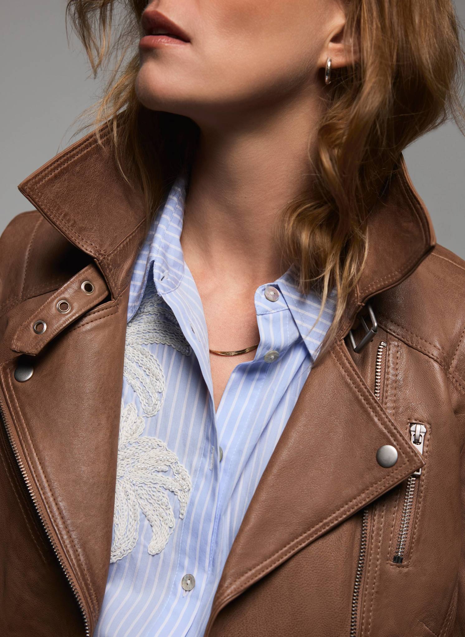 Tan Leather Longline Biker Jacket