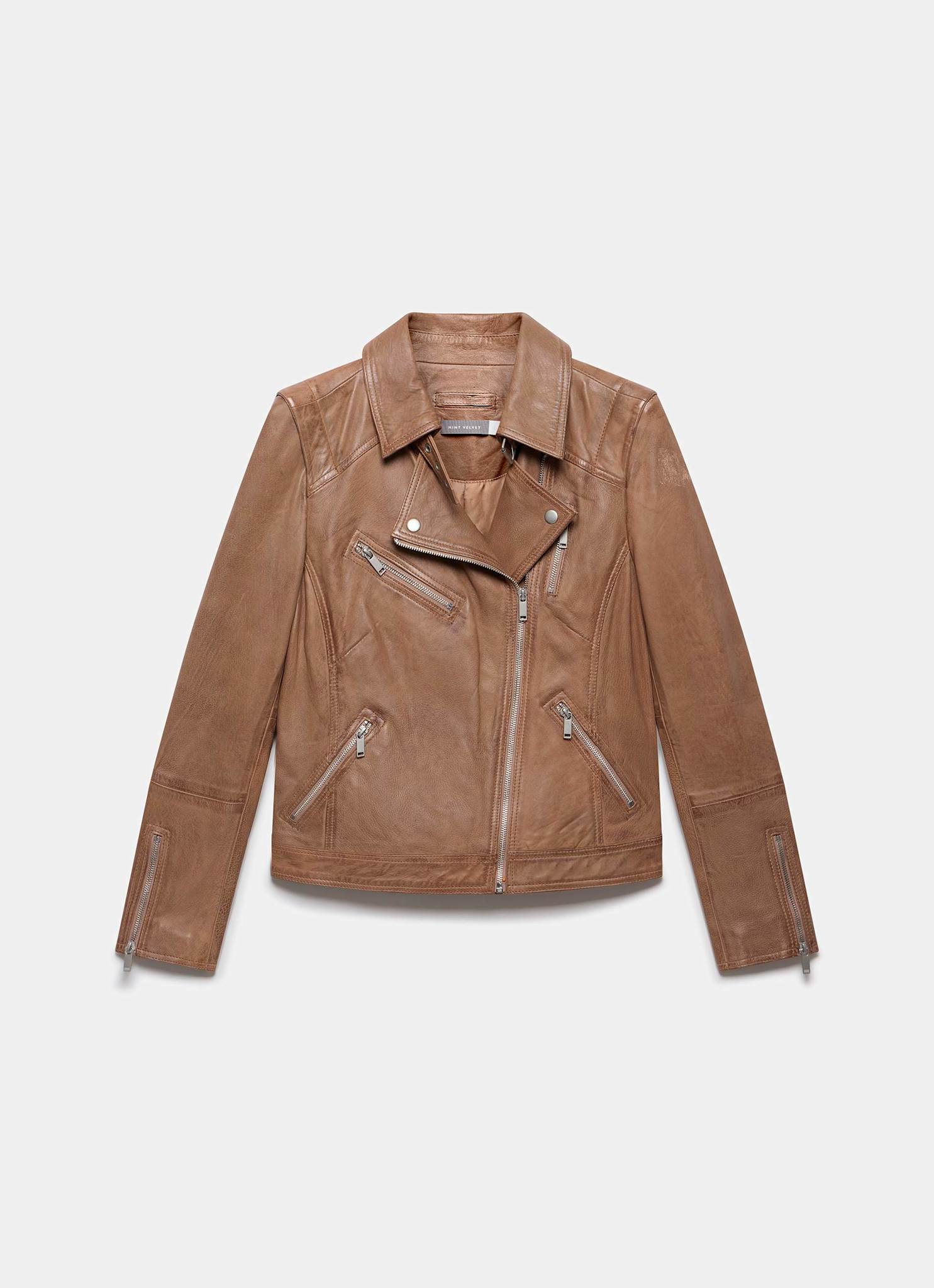 Tan Leather Longline Biker Jacket