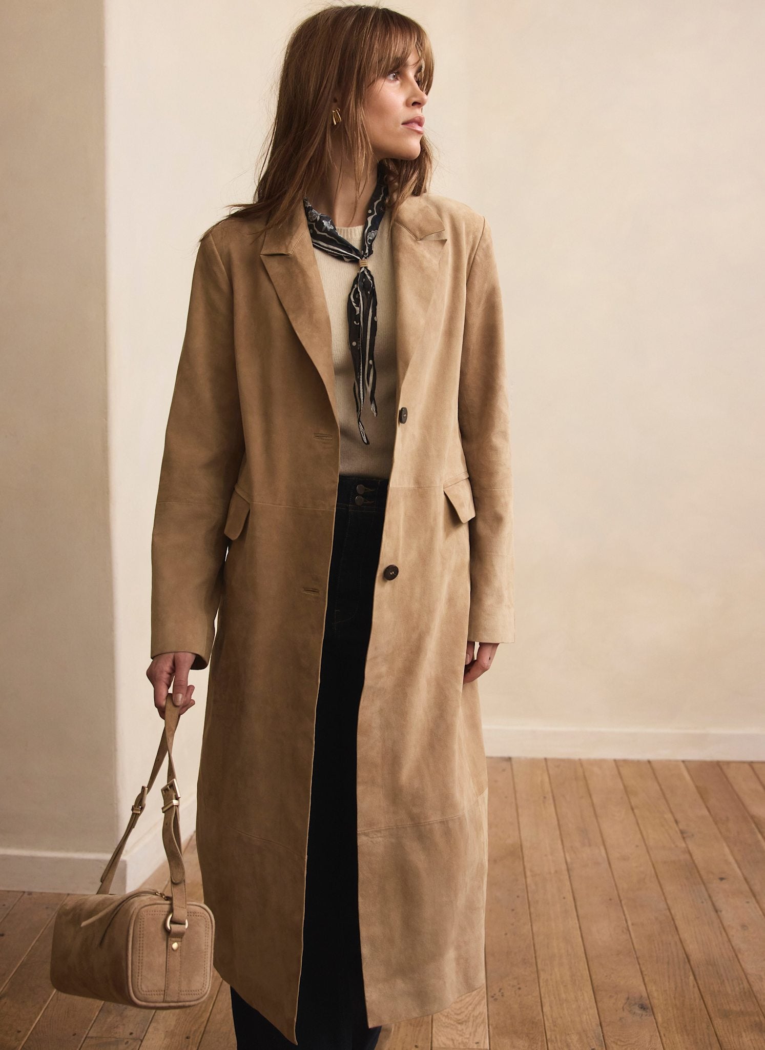 Neutral Suede Longline Trench Coat
