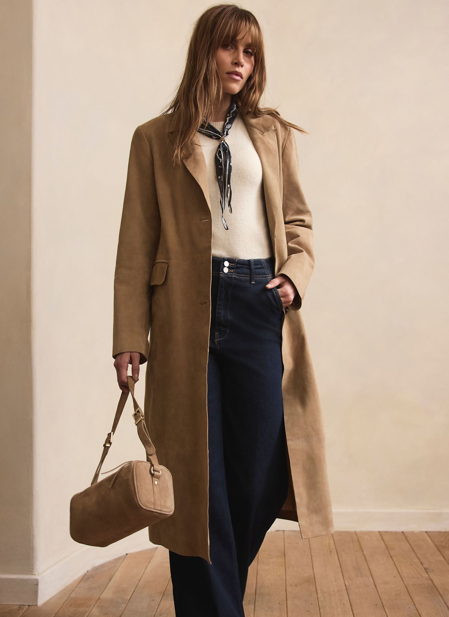 Neutral Suede Longline Trench Coat