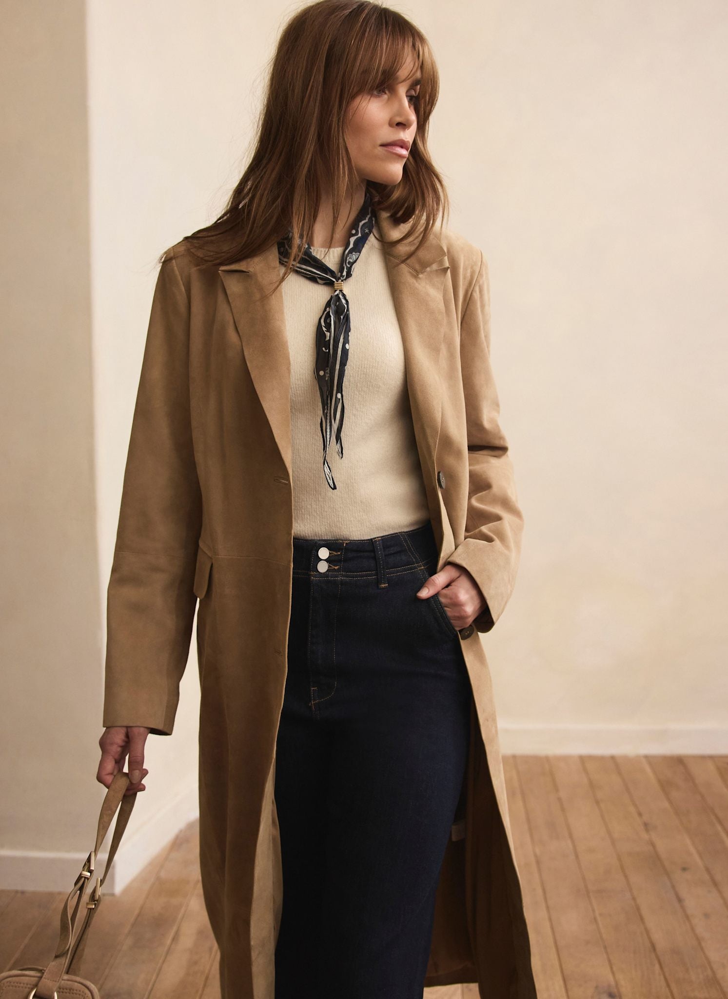 Neutral Suede Longline Trench Coat