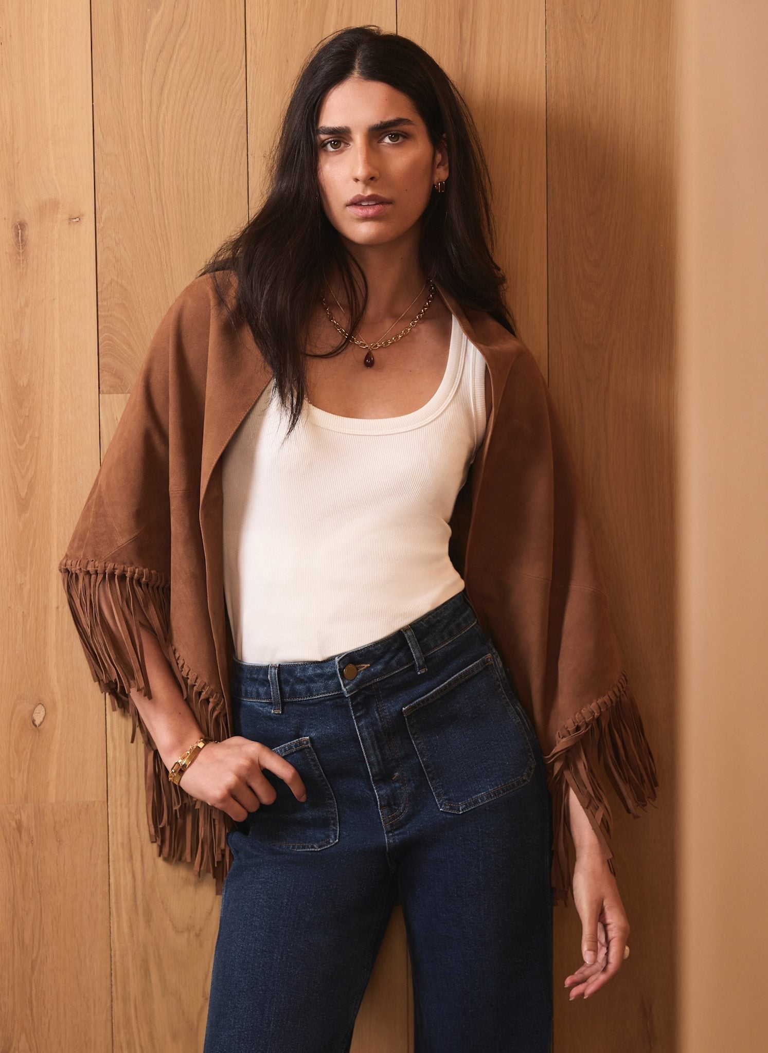 Tan Suede Fringed Shawl