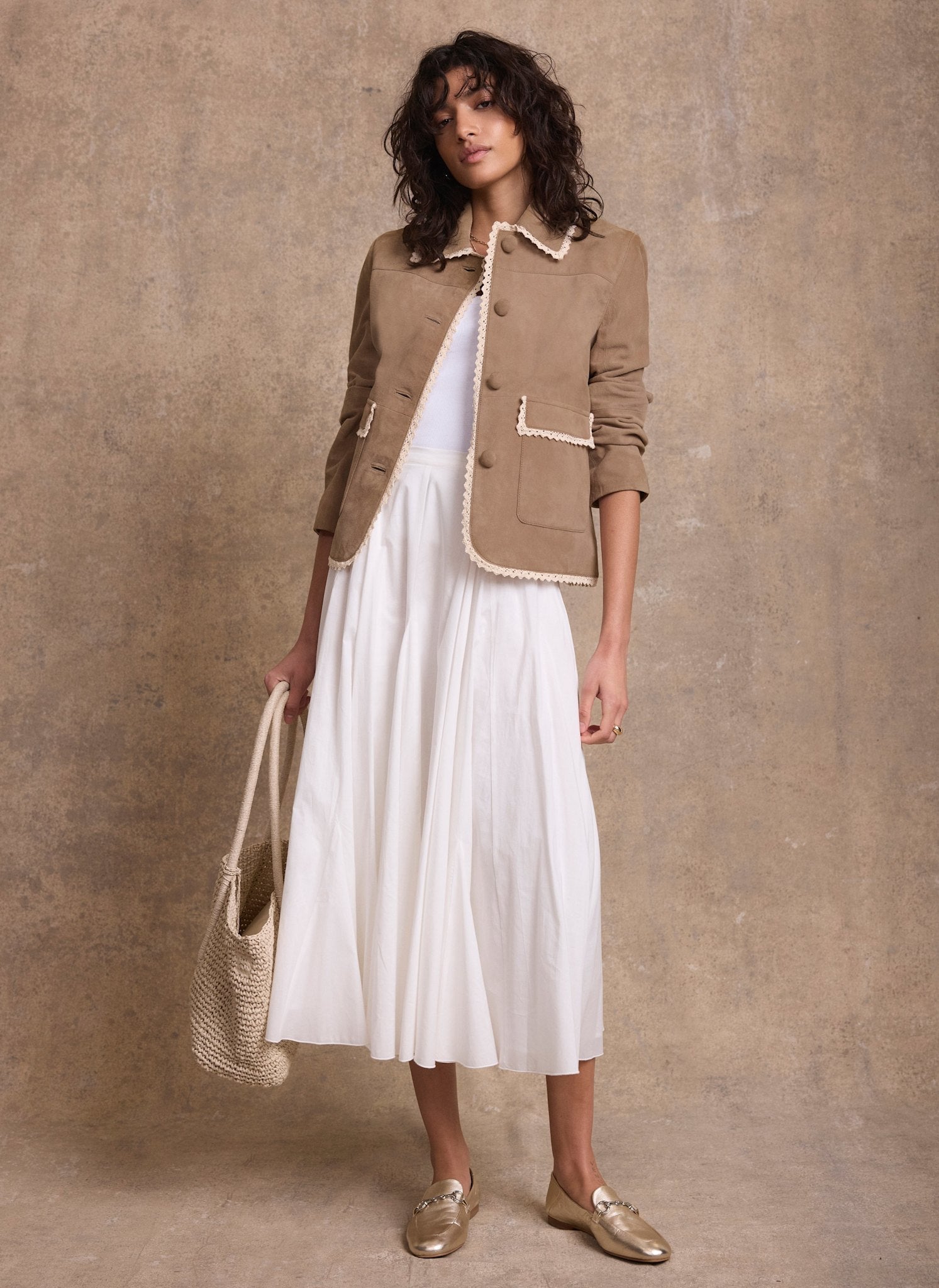 Neutral Suede Crochet Trim Jacket