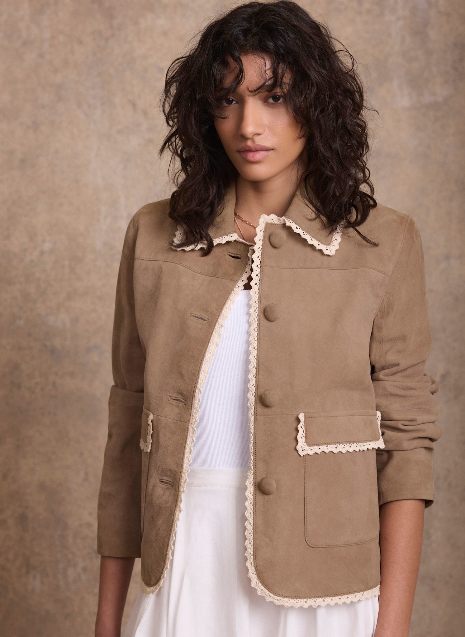 Neutral Suede Crochet Trim Jacket