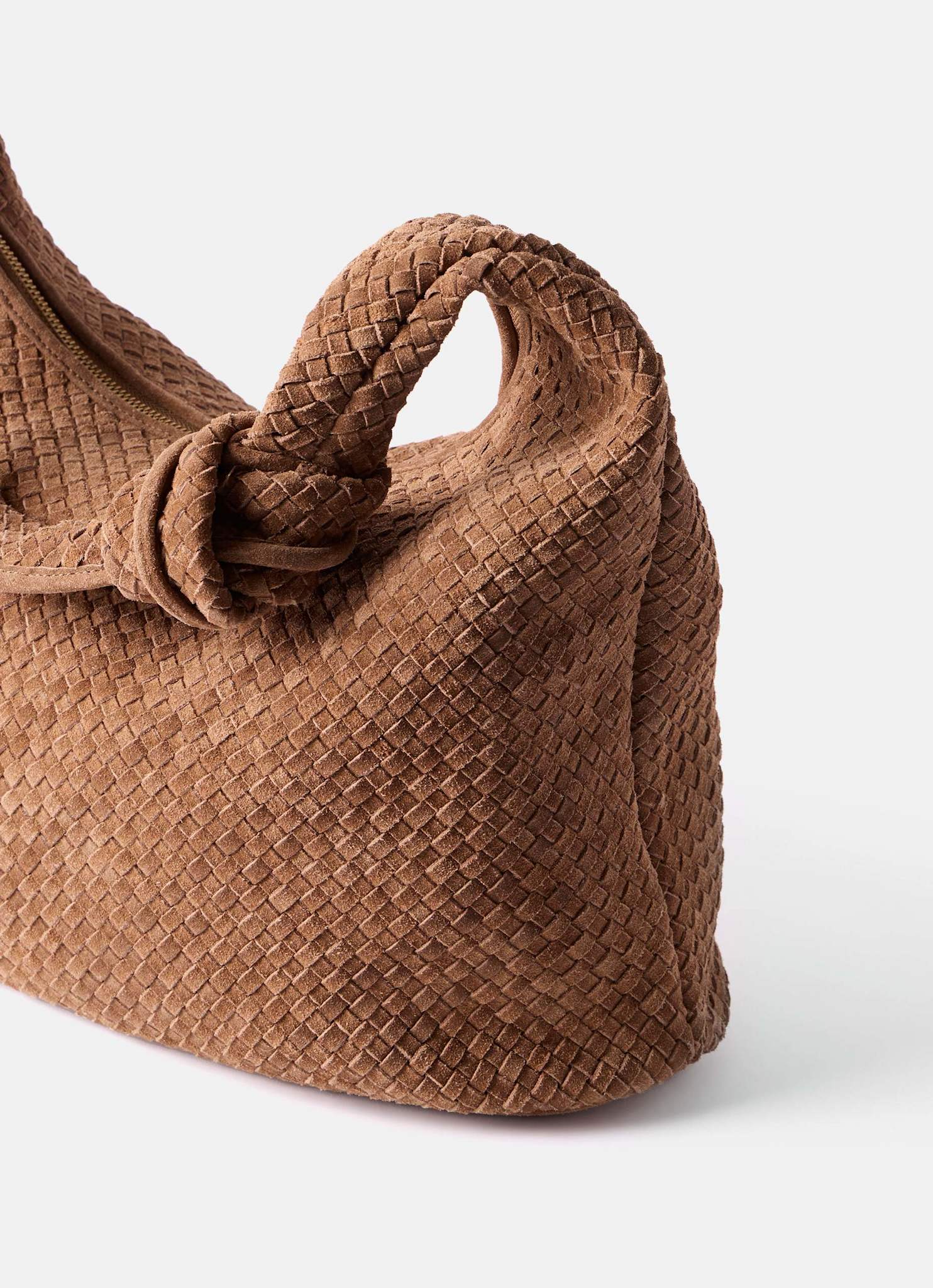Nora Tan Woven Suede Knot Detail Bag