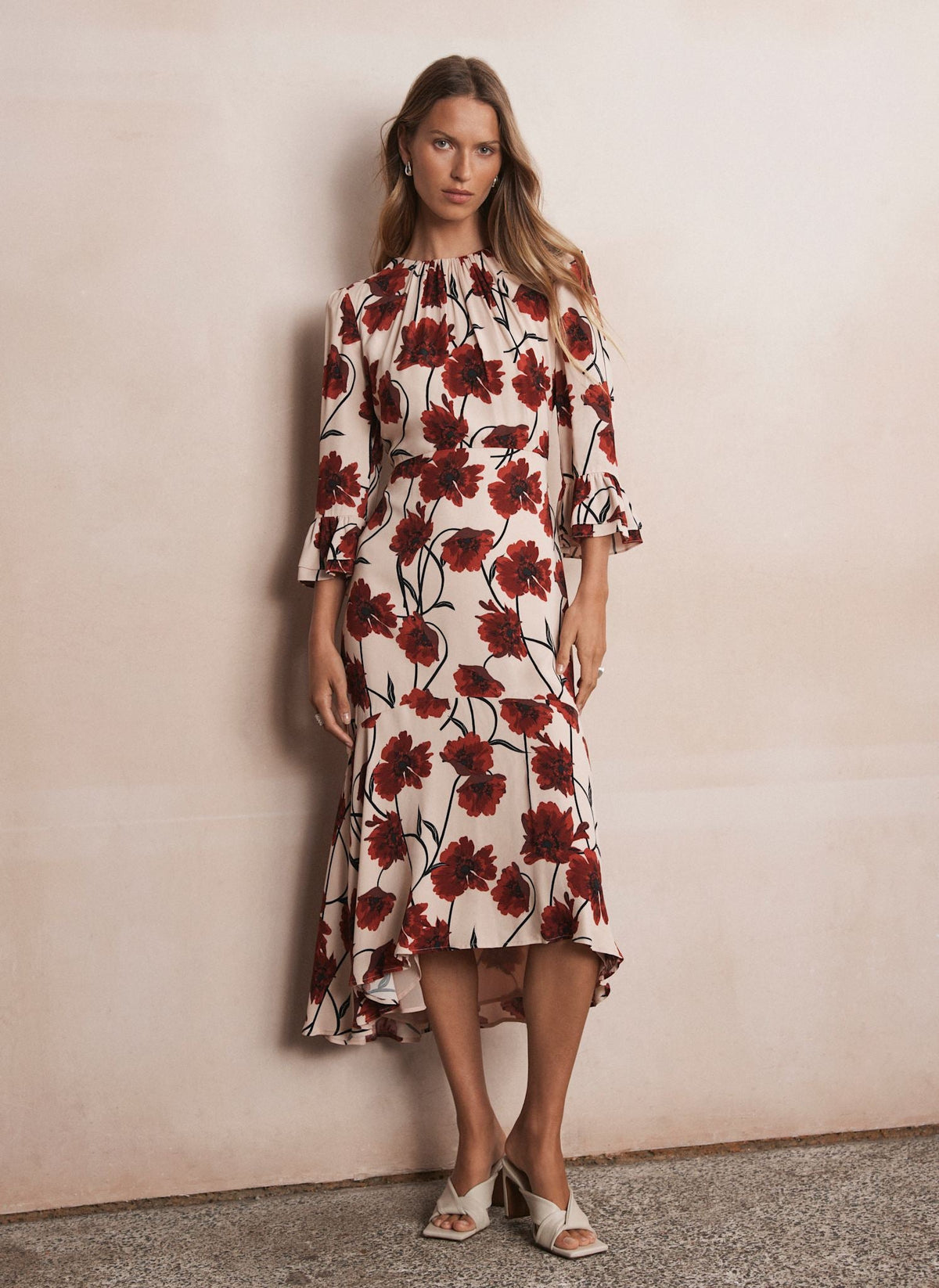 Neutral Floral Print Midi Dress
