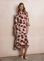 Neutral Floral Print Midi Dress