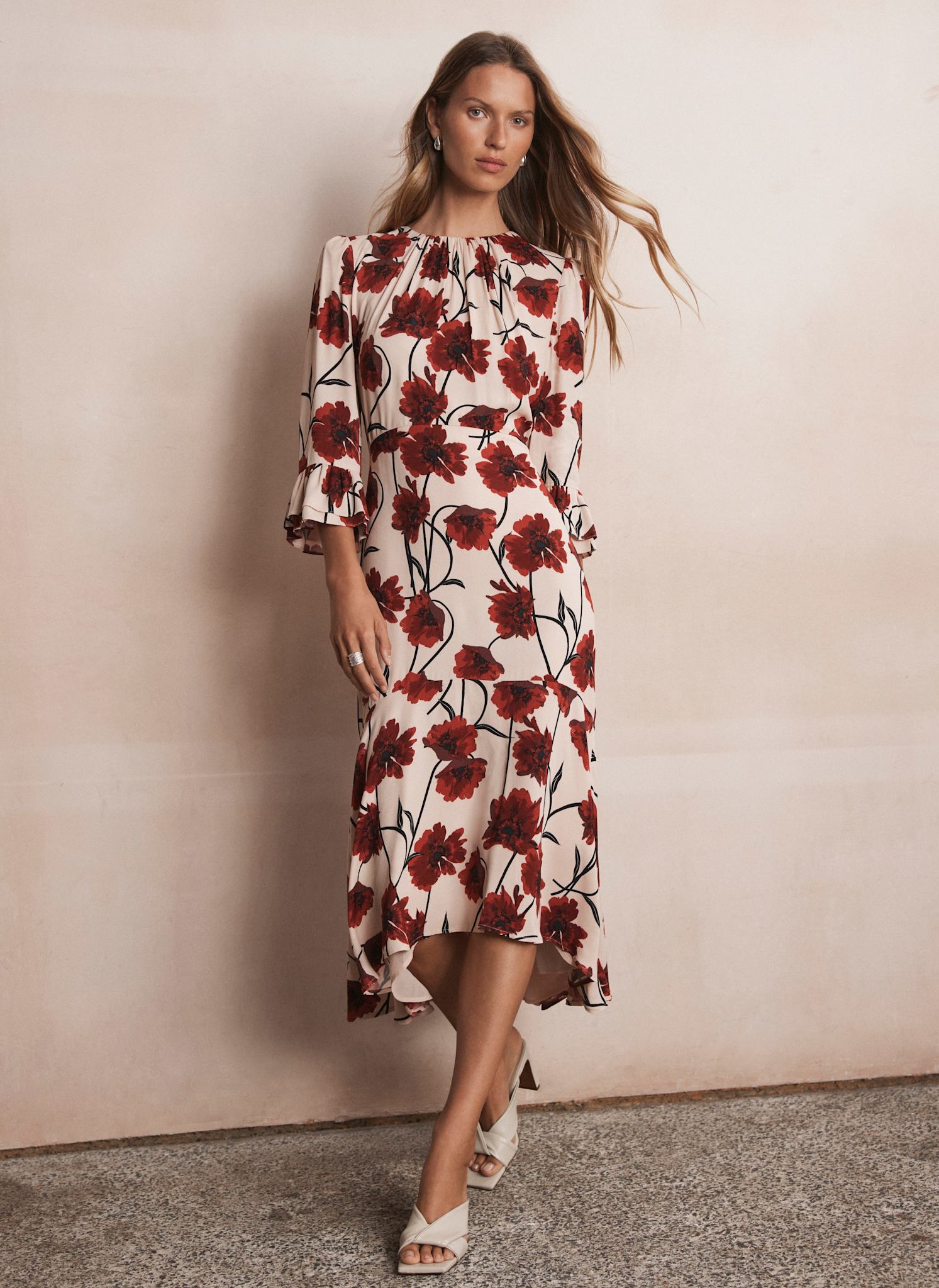 Neutral Floral Print Midi Dress