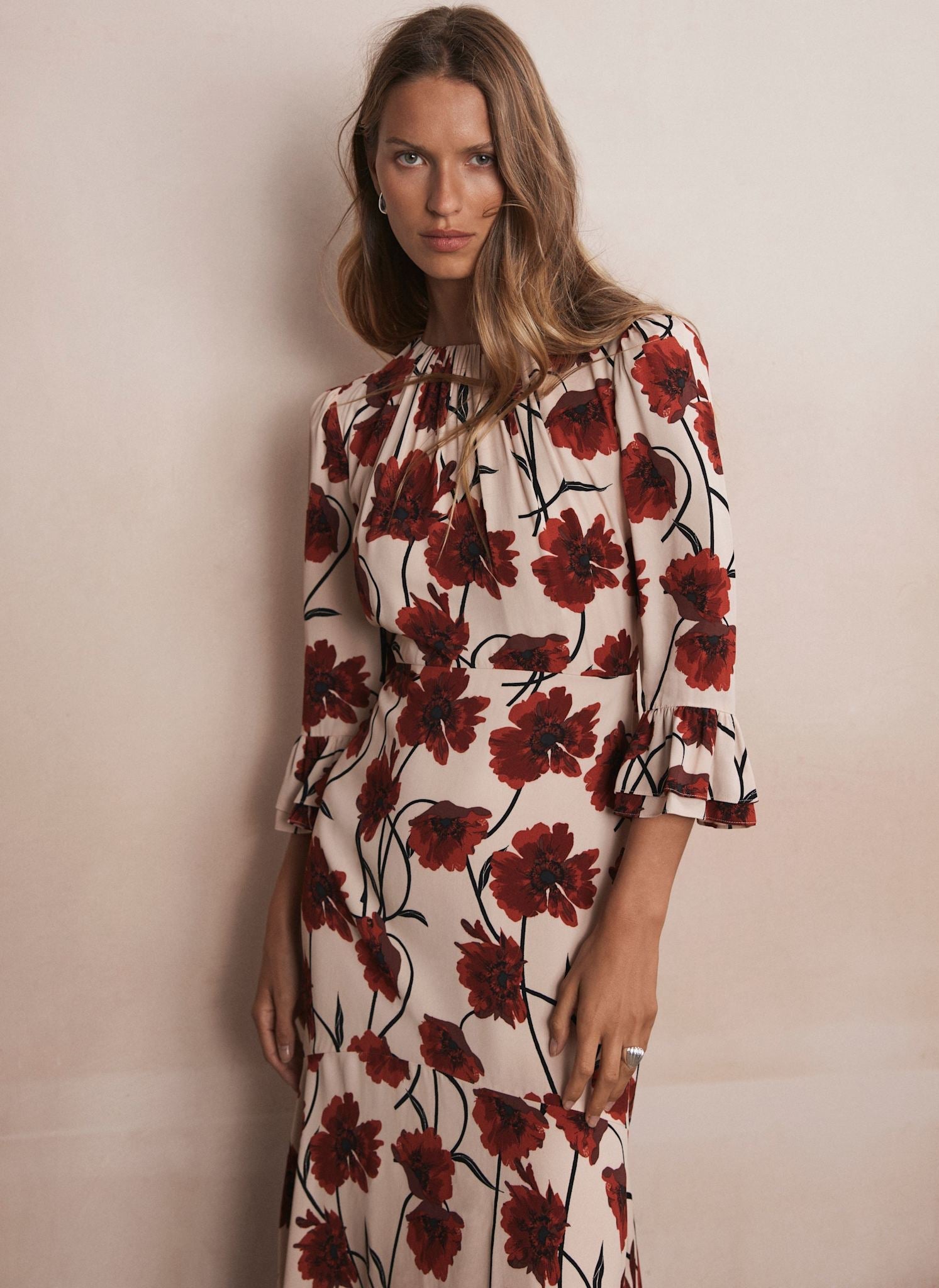 Neutral Floral Print Midi Dress