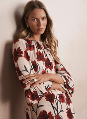 Neutral Floral Print Midi Dress