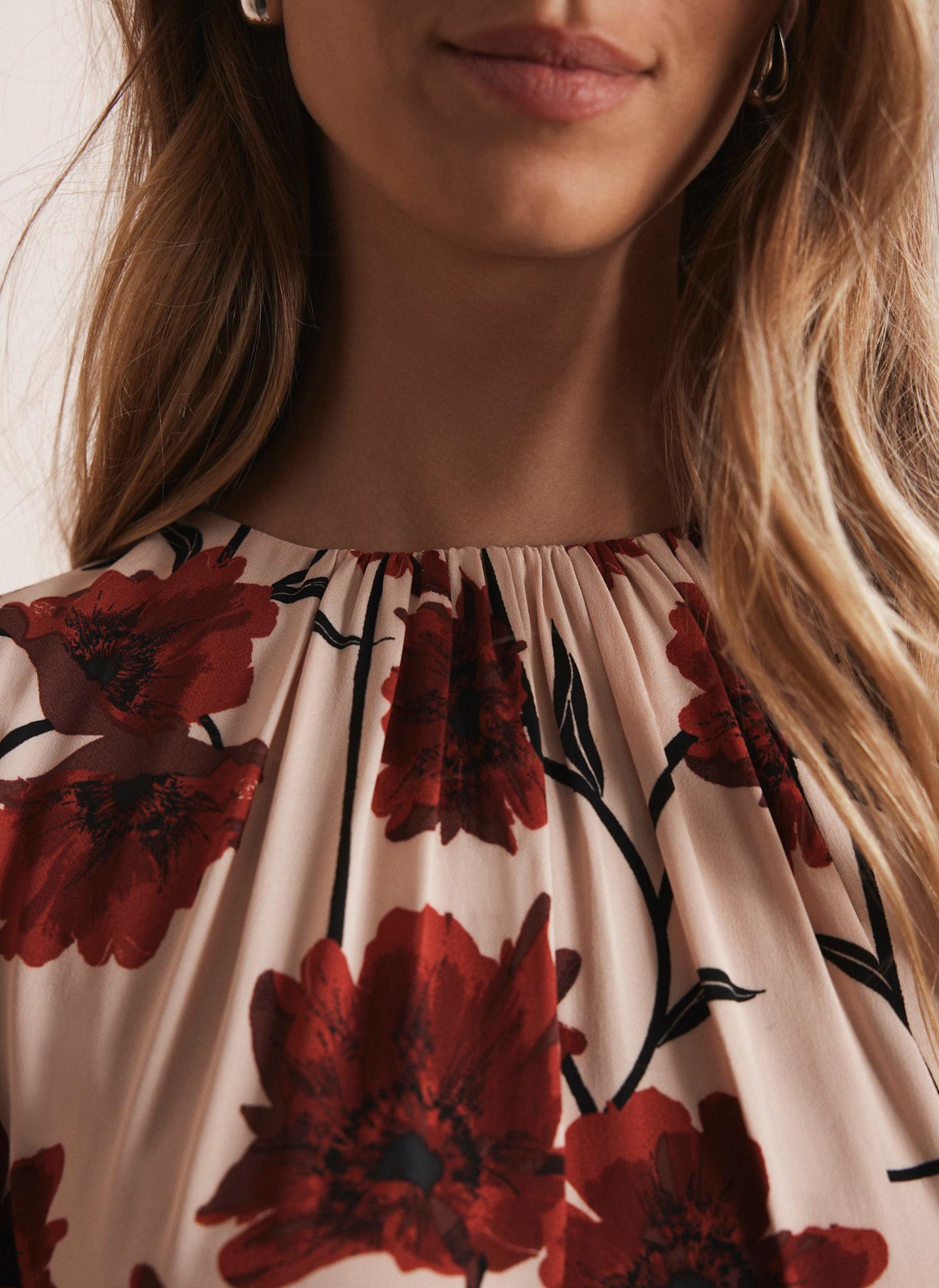 Neutral Floral Print Midi Dress