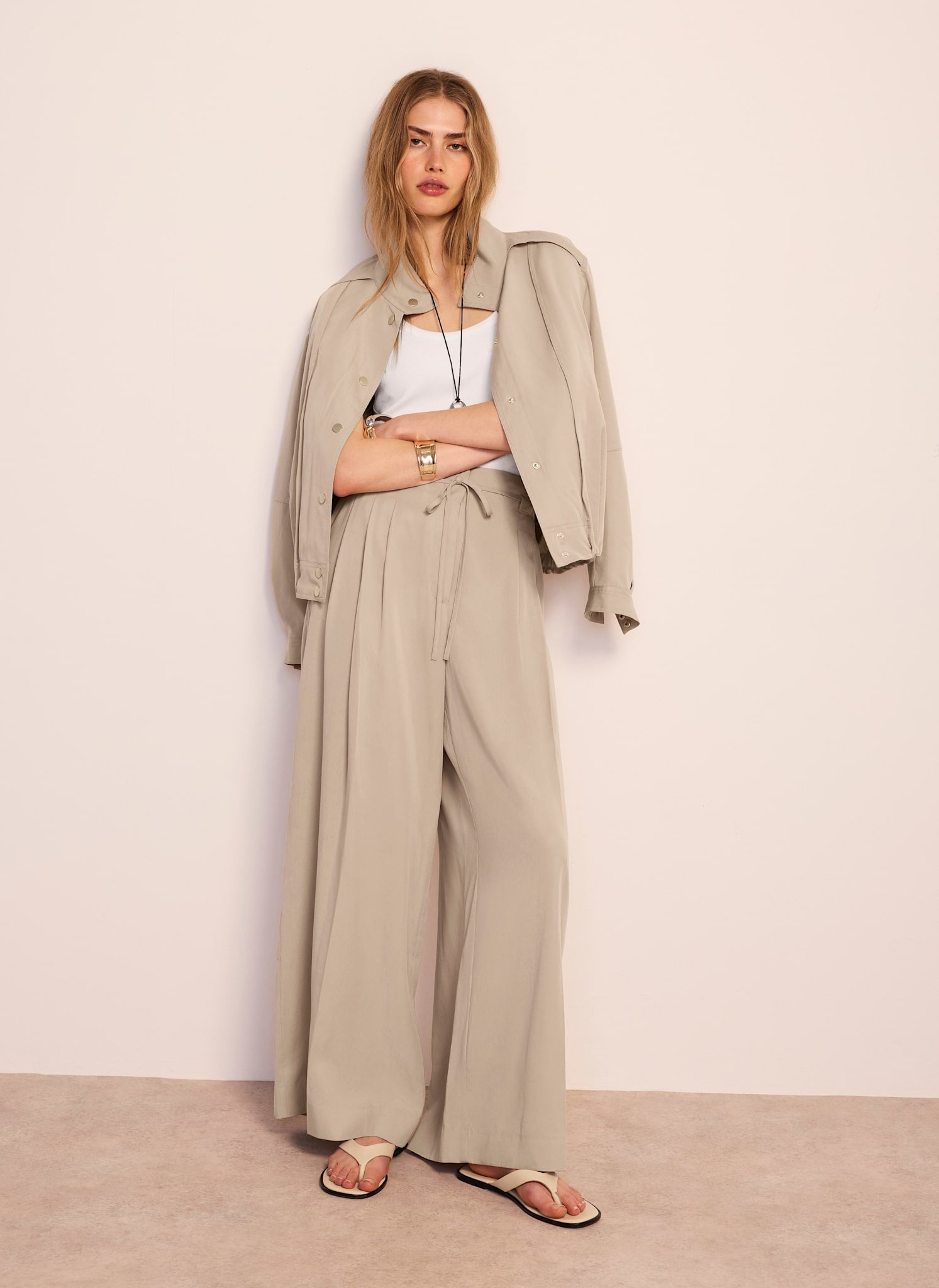 Neutral Tie Waist Wide Trousers