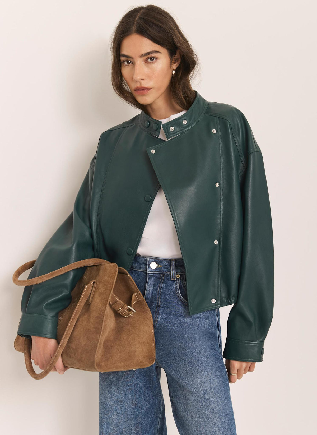 Teal Leather Cropped Pilot Bomber Jacket