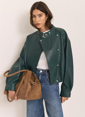 Teal Leather Cropped Pilot Bomber Jacket