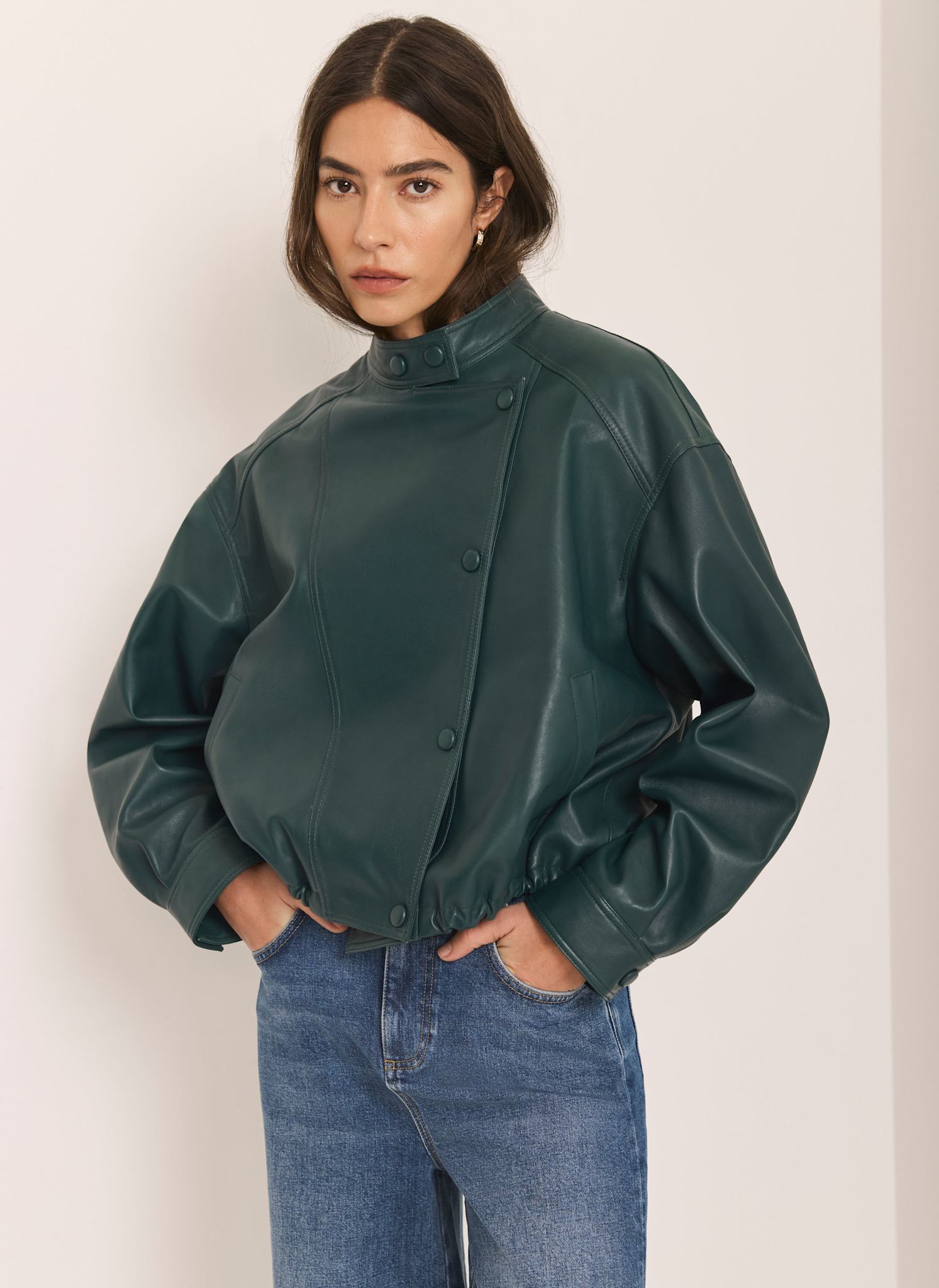 Teal Leather Cropped Pilot Bomber Jacket