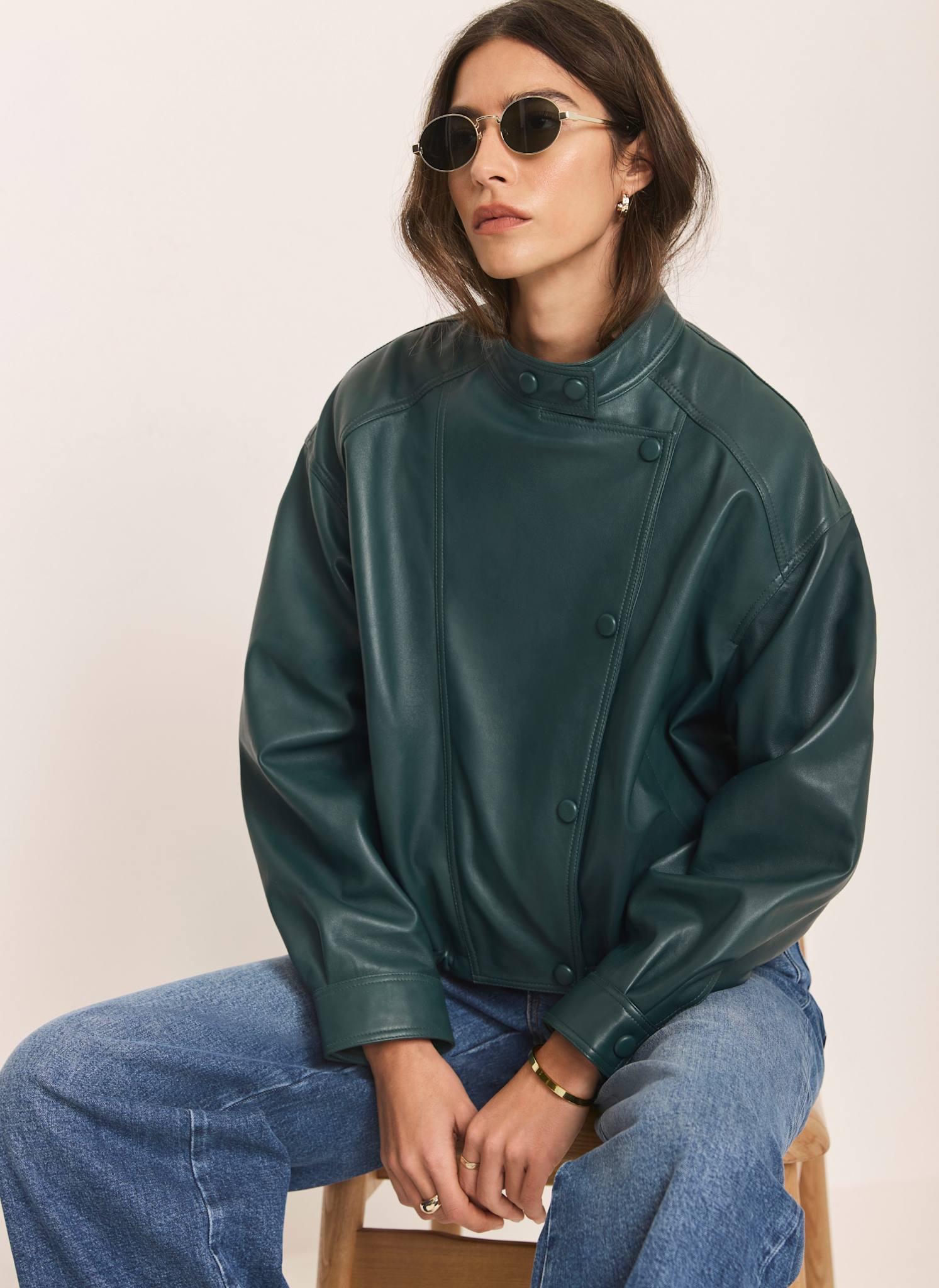 Teal Leather Cropped Pilot Bomber Jacket